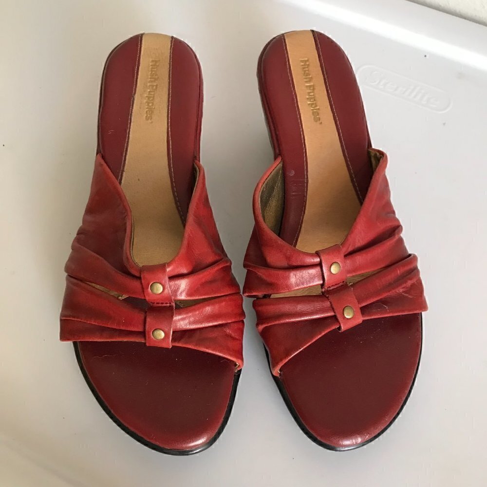 Hush Puppies Open Toe Red Leather Wedge Slides Size 8 - Picture 2 of 6